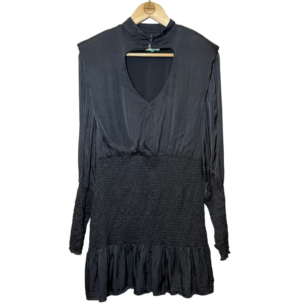 Farm Rio Mini Dress Heart Cutout Satin Smocked Long Sleeve Black Women's Small